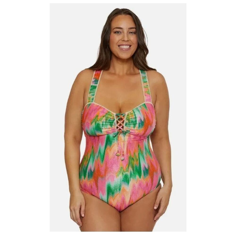 Becca ETC Plus Mirage Lace Up One Piece Swimsuit Multi 1X 16-18 $168